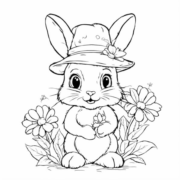 Download Cute Bunny Rabbit with Hat and Flowers in Grass Coloring pages ...