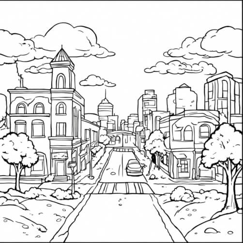 Download Black and White City Skyline Drawing with Trees and Clouds ...