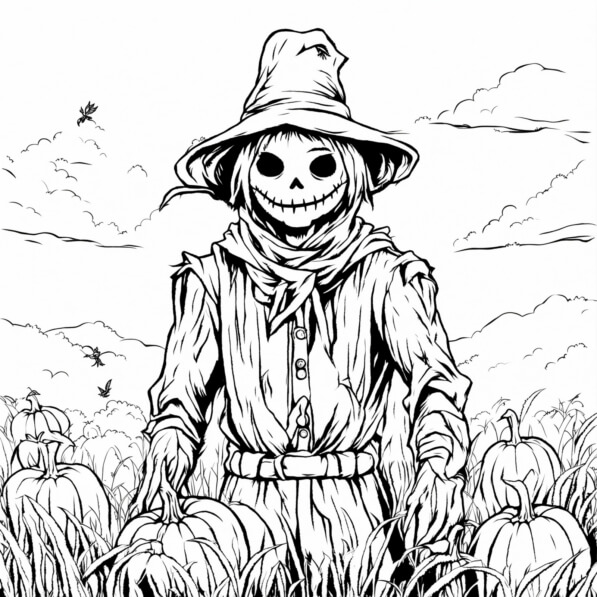 Download Spooky Scarecrow Coloring Page with Pumpkins and Halloween ...