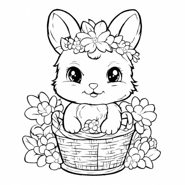 Download Cute Bunny Rabbit in Basket with Flowers Coloring Pages for ...