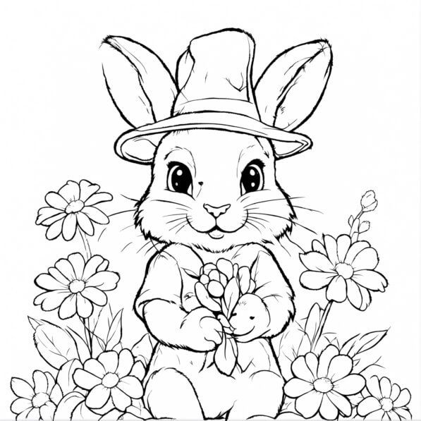 Download Bunny in Hat Coloring Page with Flowers Coloring pages Online ...