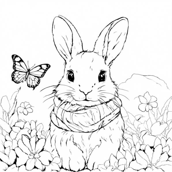 Download Serene Bunny in Grass with Butterflies and Flowers Coloring ...