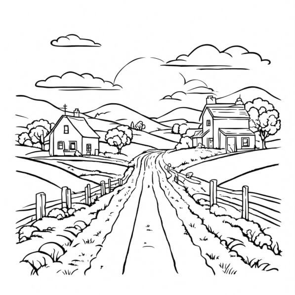Download Coloring Page: Rural Landscape with Farm Houses and Open Road