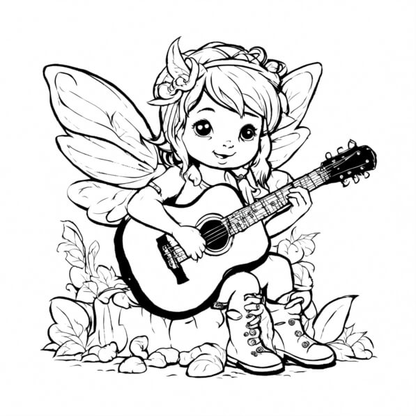 Download Black and White Fairy Playing Guitar Coloring Page Coloring ...