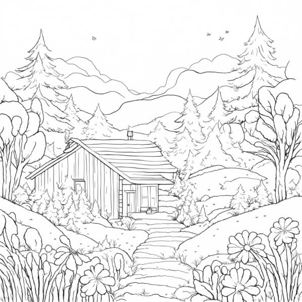Download Cabin in the Forest with Trees and Flowers Coloring pages ...