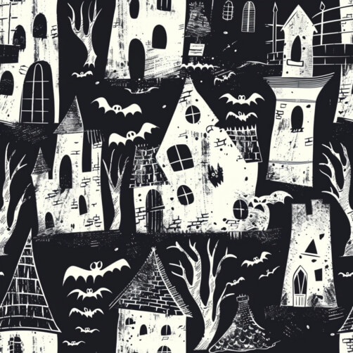 Download Black and White Halloween Pattern with House, Trees, and Bats ...