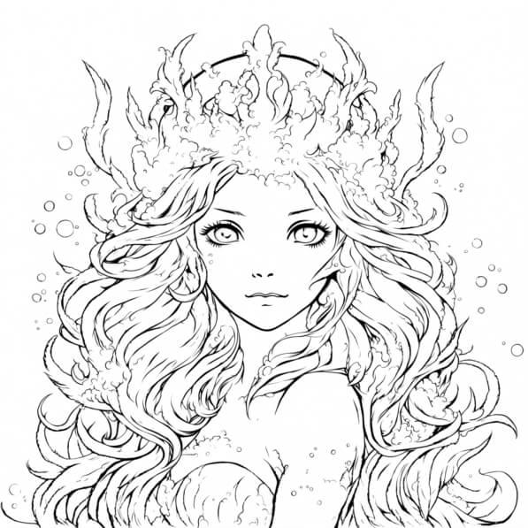 Download Girl with Long Hair and Mermaid Crown Coloring Pages Coloring
