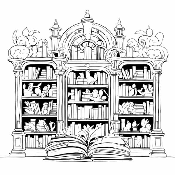 Baixe Desenho de Estante Ornamentada com Livros e Miniaturas Colorir ...