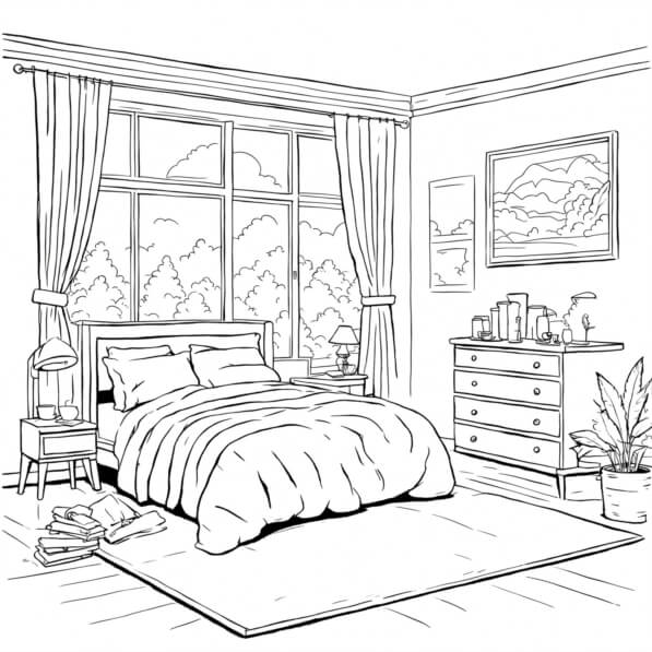 Download Cozy Bedroom Interior with Natural Light Coloring pages Online ...