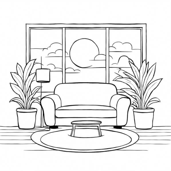 Download Cozy Living Room Interior with Line Art Design Coloring pages ...