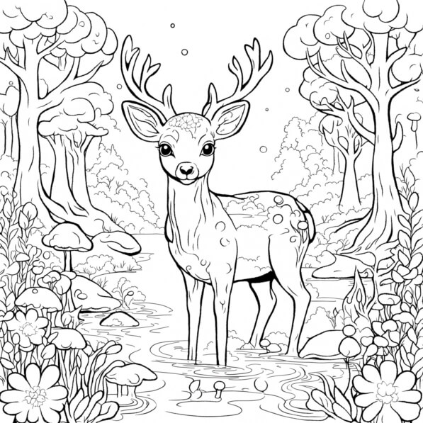 Download Deer in a Serene Forest Landscape for Coloring Coloring pages