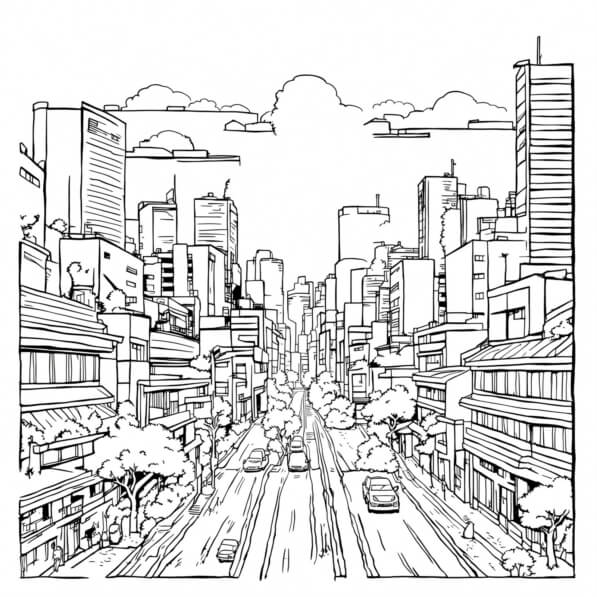 Download Detailed Line Drawing of a Bustling Cityscape Coloring pages ...