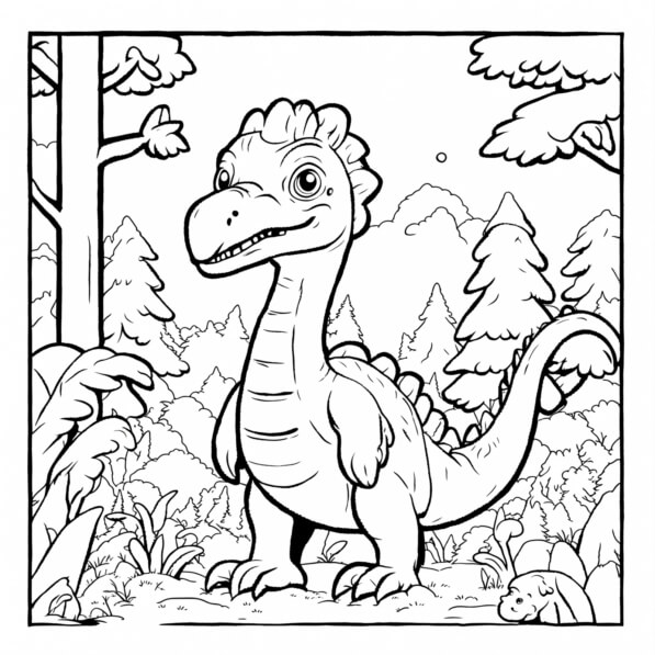 Download Cartoon Dinosaur in a Lush Landscape Coloring pages Online ...