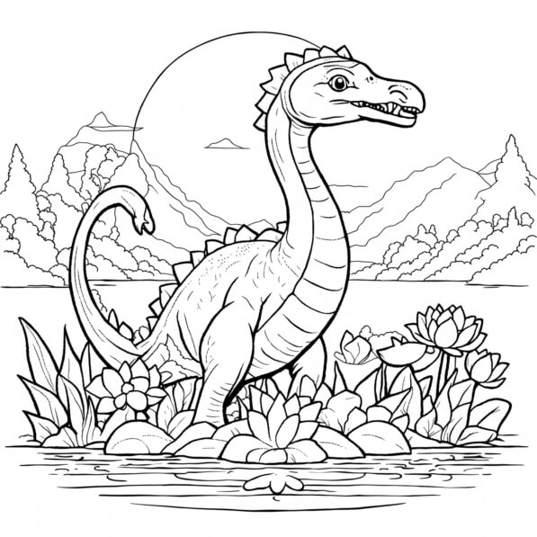 Download Dinosaur in a Serene Prehistoric Landscape Coloring pages ...