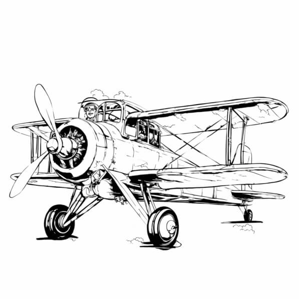 Bi Plane Coloring In Download Vintage Biplane Illustration with Pilots Coloring pages Online ...