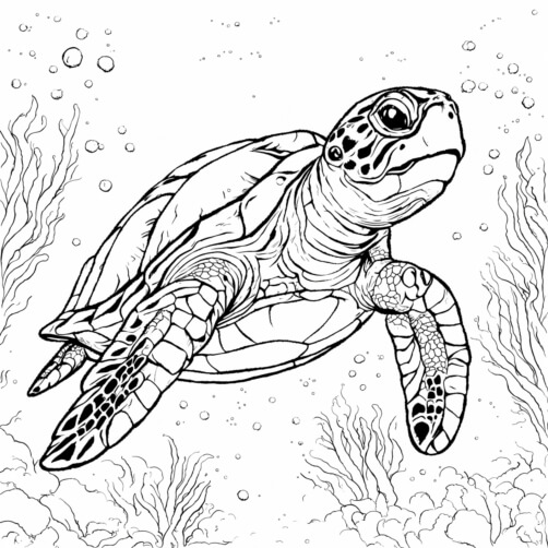 Download Line Drawing of a Sea Turtle Swimming Underwater Coloring ...