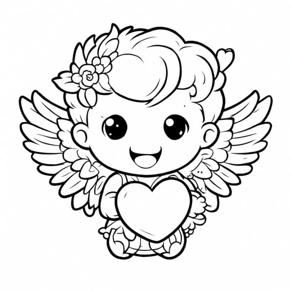 Download Cute Cartoon Angel Holding a Heart Coloring pages Online