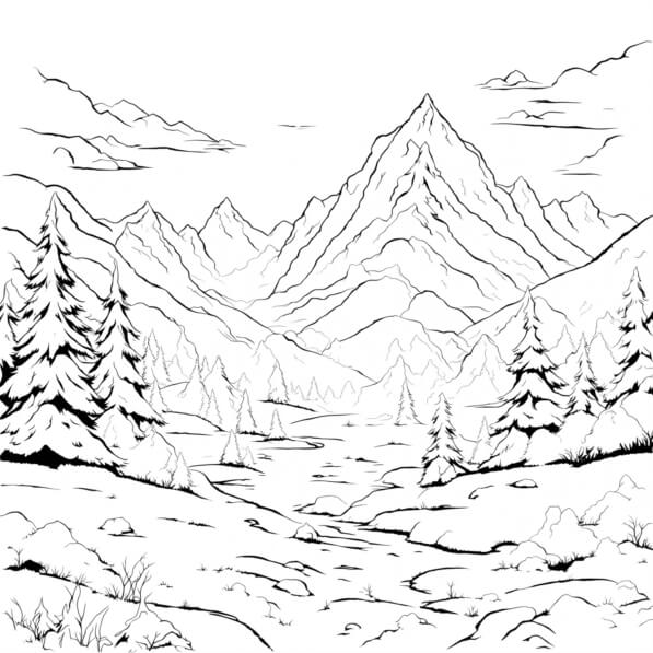Download Black and White Mountain Landscape with Pine Trees Coloring ...