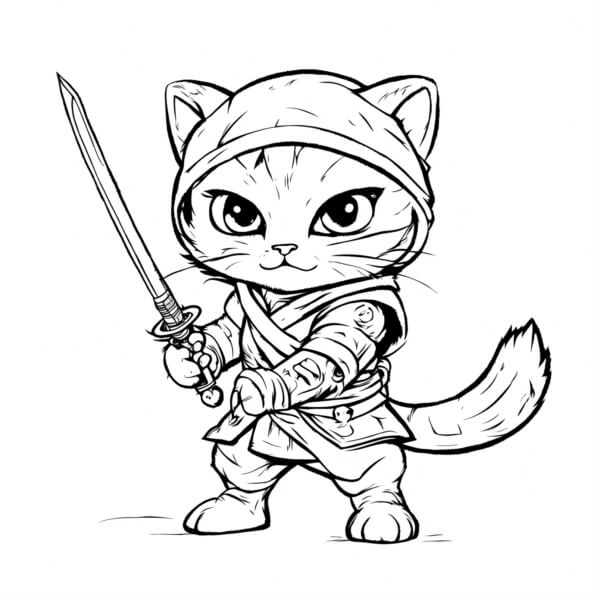 Download Cute Cartoon Cat Ninja Holding a Sword Coloring pages Online