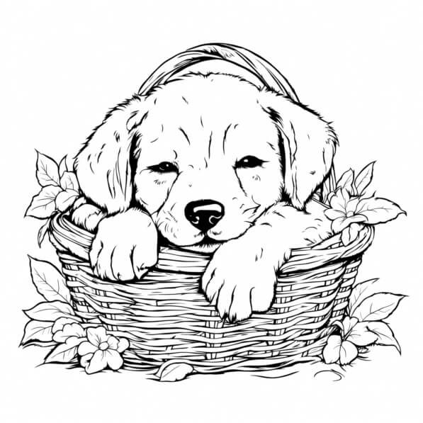 Download Cute Puppy Resting in a Basket Coloring pages Online ...