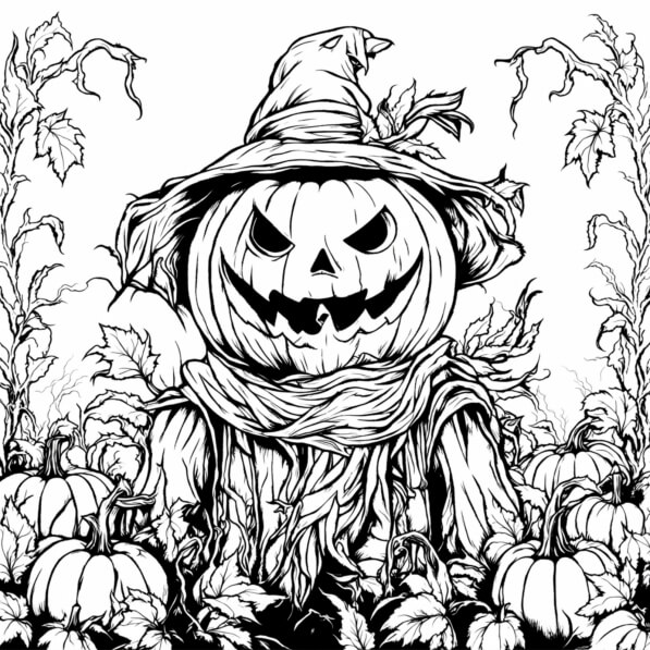 Download Spooky Halloween Scarecrow with Pumpkins Coloring pages Online ...