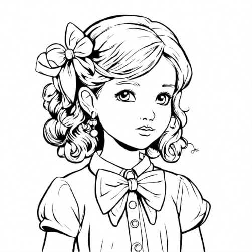 Charming Illustration of a Young Girl with Curly Hair and Bows Sketches thumbnail