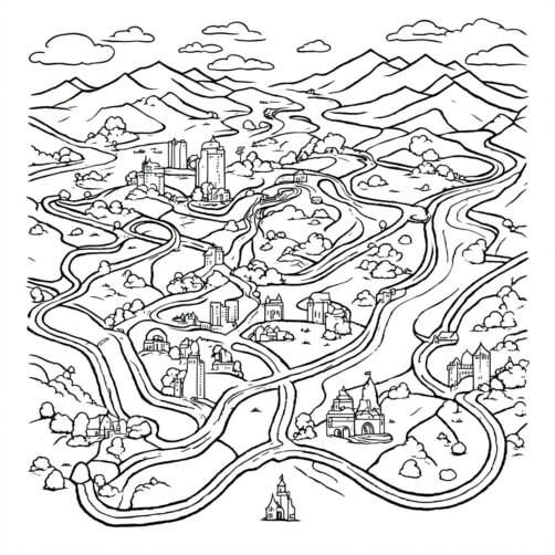 Fictional Map Colorable Download Whimsical Fantasy Map with Towers and Houses Coloring pages ...