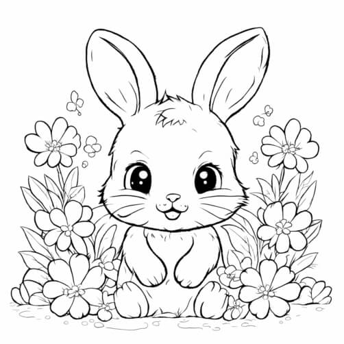 Download Cute Rabbit Sitting in a Flower Garden Coloring pages Online ...