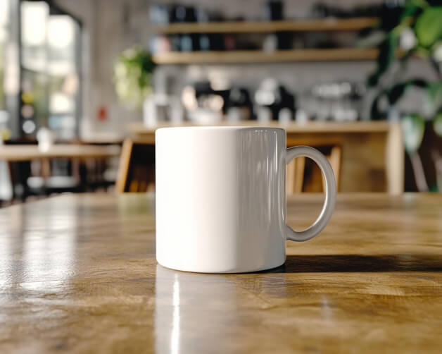Download White Coffee Mug on Wooden Table in a Cozy Café Mockups Online ...