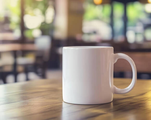 Download White Coffee Mug on Wooden Table in a Cozy Café Mockups Online ...