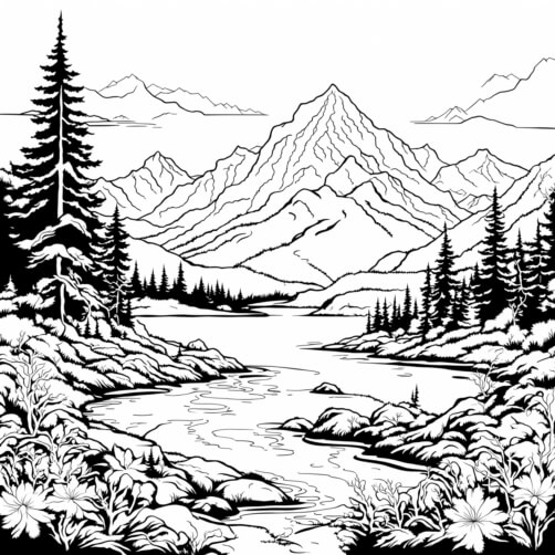 Download Black and White Mountain Landscape Coloring pages Online ...