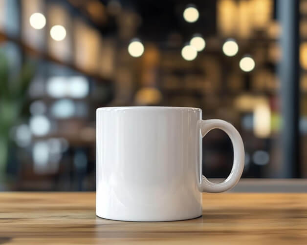 Download White Coffee Mug on Wooden Table in a Cozy Café Mockups Online ...