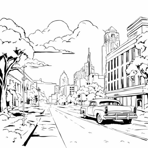 Download Vintage Street Scene with Classic Car Coloring pages Online ...