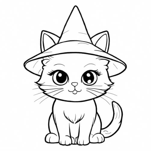 Download Black and White Cat in Witch Hat with Halloween Coloring Pages ...