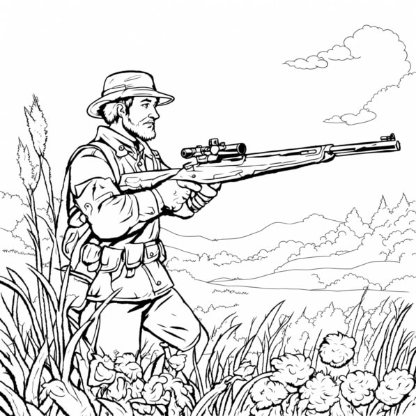 Download Man with Rifle in Nature Coloring pages Online - Creative Fabrica