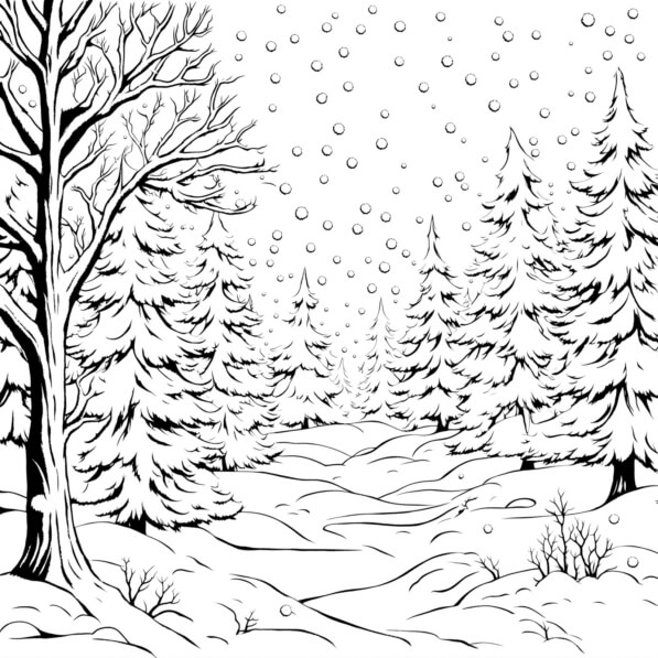 Download Winter Landscape with Snow and Trees Coloring pages Online ...