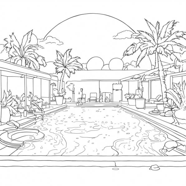Download Serene Swimming Pool Area with Tropical Plants Coloring pages ...