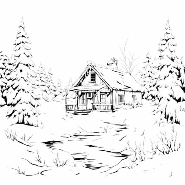 Download Cozy Cabin in Winter Landscape Coloring pages Online ...