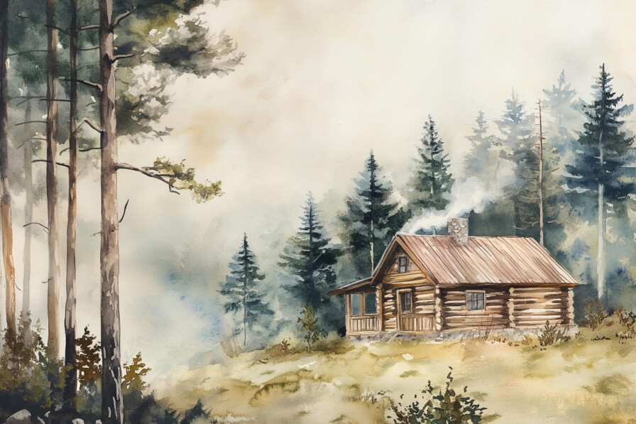 Download Log Cabin in a Misty Forest Backgrounds Online - Creative Fabrica