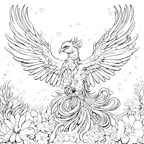 Phoenix Rising Color Page Download Stylized Illustration of a Phoenix with Spread Wings Coloring ...