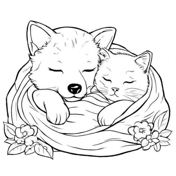 Download Sleeping Dog and Cat in Blanket Coloring pages Online ...