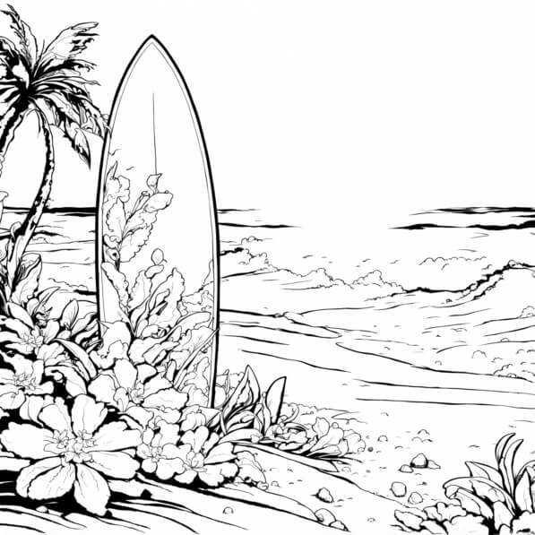 Sfondo Estivo Con Spiaggia, Tavole Da Surf, Silhouette Di Palme E Fiori