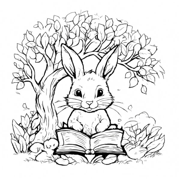 Download Rabbit Reading a Book Under a Tree Coloring pages Online ...