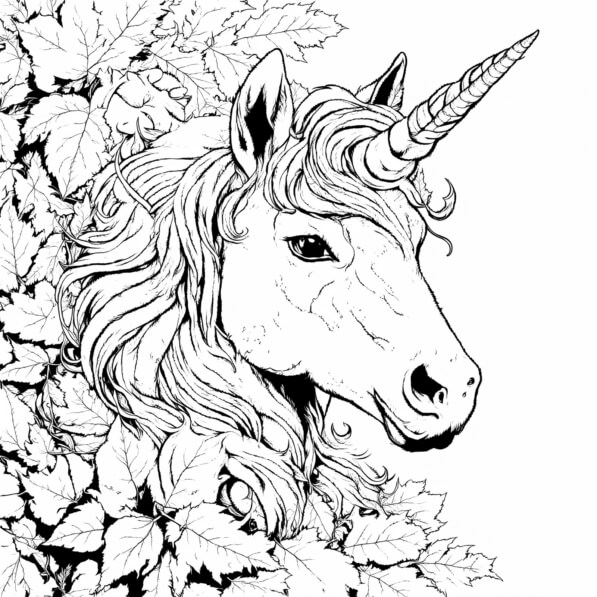 Download Unicorn and Leaves Illustration Coloring pages Online - Creative Fabrica