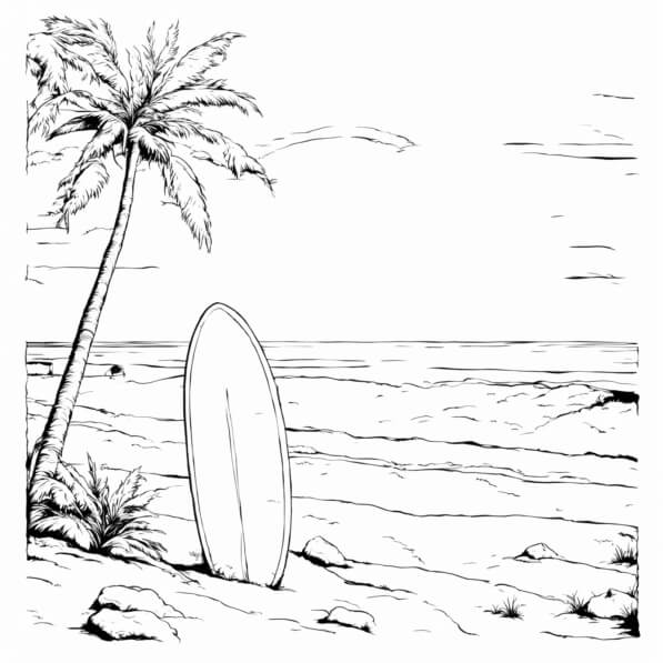 Scarica Scena Di Spiaggia Con Palma E Tavola Da Surf Pagine Da Colorare Online - Creative Fabrica - 5