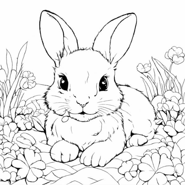 Download Cute Rabbit among Flowers Coloring pages Online - Creative Fabrica