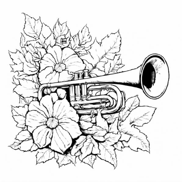 Download Trumpet Surrounded by Flowers and Leaves Coloring pages Online ...