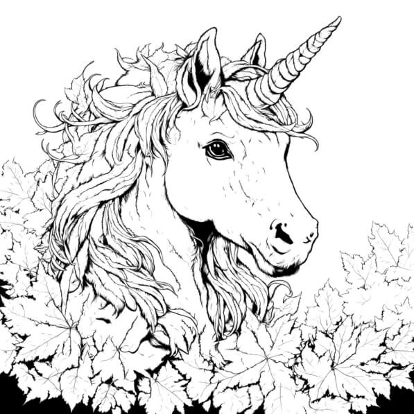 Download Illustration of a Unicorn with Leaves Coloring pages Online - Creative Fabrica