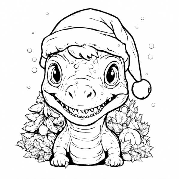 Download Festive Dinosaur with Santa Hat Coloring pages Online