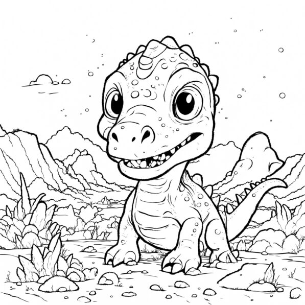Download Cute Cartoon Dinosaur in Prehistoric Landscape Coloring pages ...